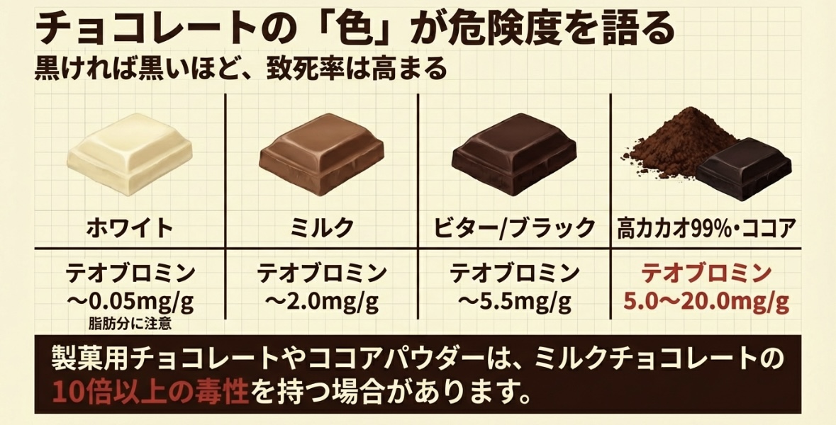 チョコレートの危険度・カカオの濃さ早見表（テオブロミン含有量）