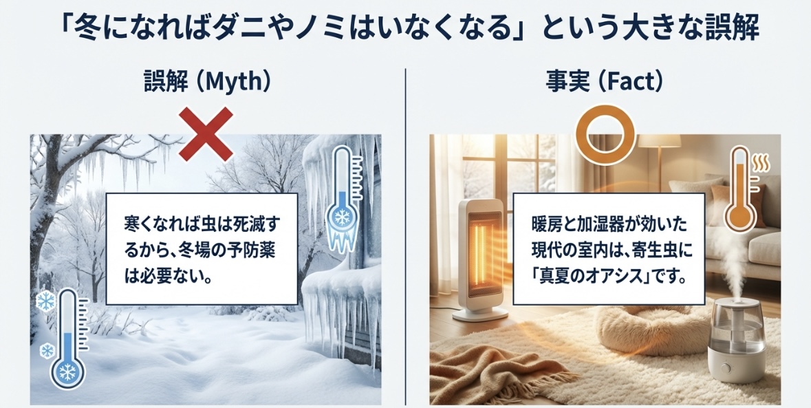 冬のダニ・蚊の活動イメージ